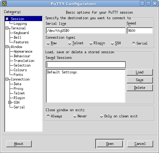 configure putty for serial