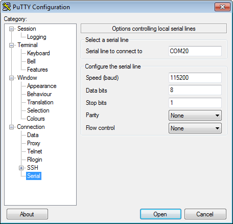 configure putty for serial